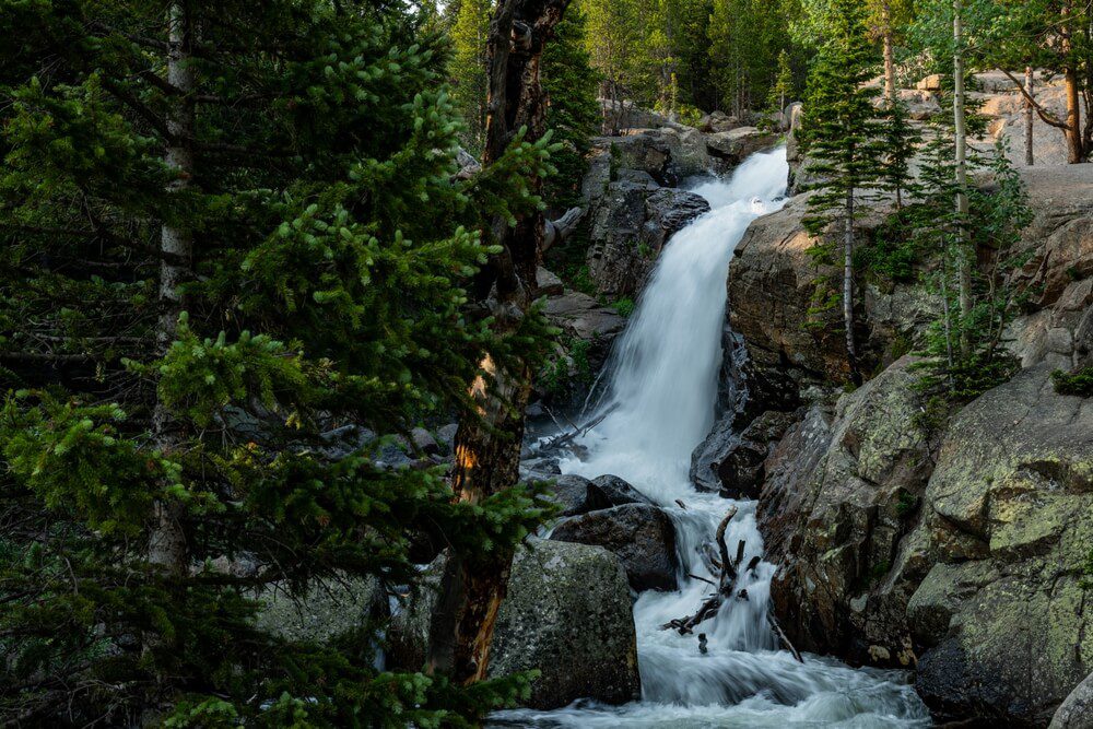 A rushing waterfall in Estes Park during the summer