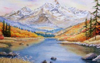 A water color painting of a mountain scene at one of Estes Park's art galleries