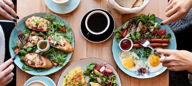 A large breakfast spread at a restaurant in Estes Park