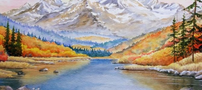 A water color painting of a mountain scene at one of Estes Park's art galleries