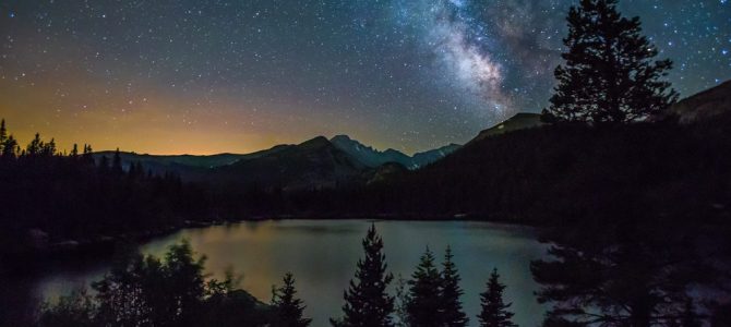 A view of stars and the Milky Way Galaxy above mountain peaks and a lake in Estes Park